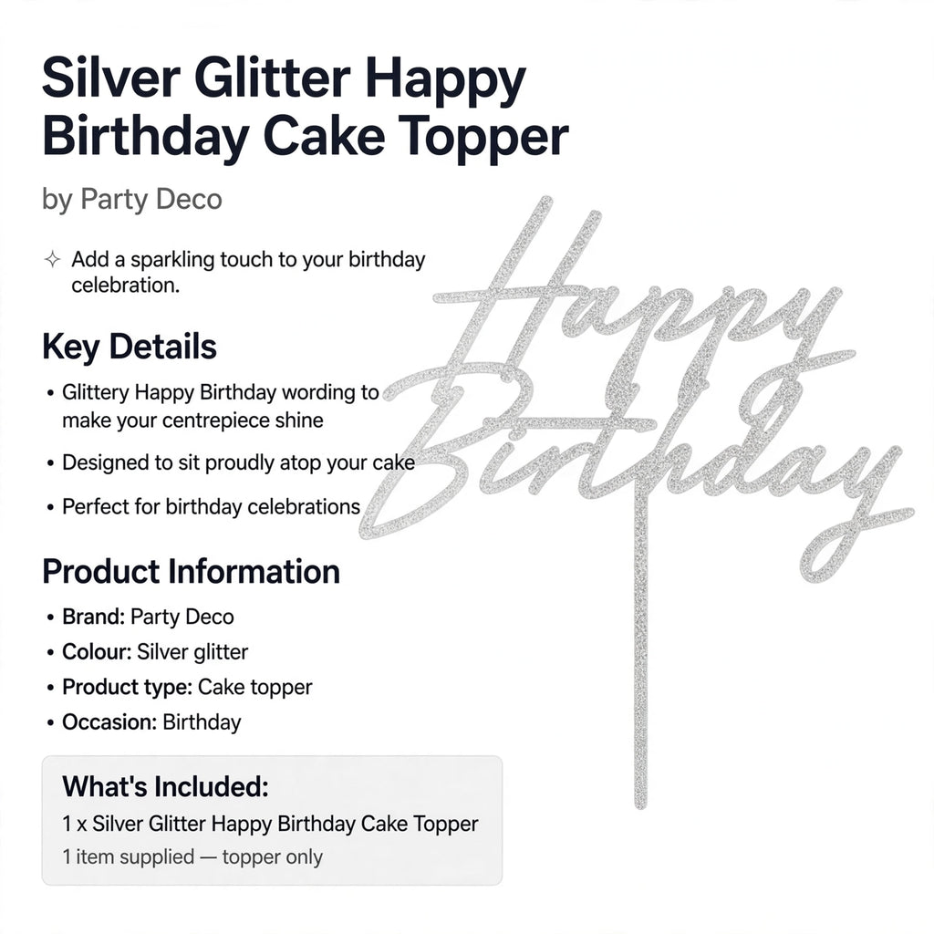 Silver Glitter Happy Birthday Cake Topper designed to sit atop birthday cakes