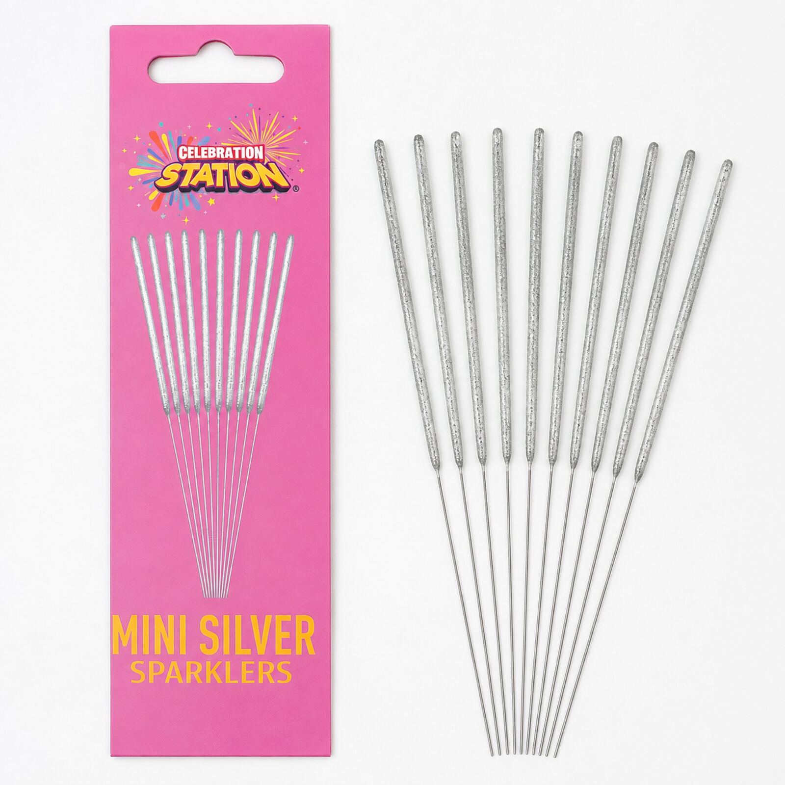 Ten straight mini silver sparklers with pink Celebration Station pack