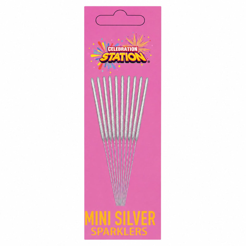 Celebration Station Mini Silver Sparklers 10 pack on white background