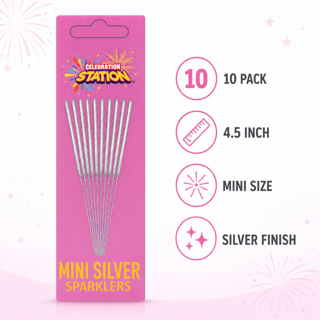Mini silver sparklers 10 pack infographic showing 4.5 inch size