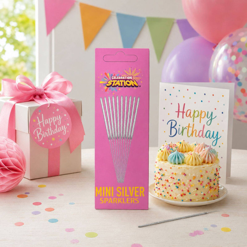 Celebration Station mini silver sparklers displayed on a birthday party table