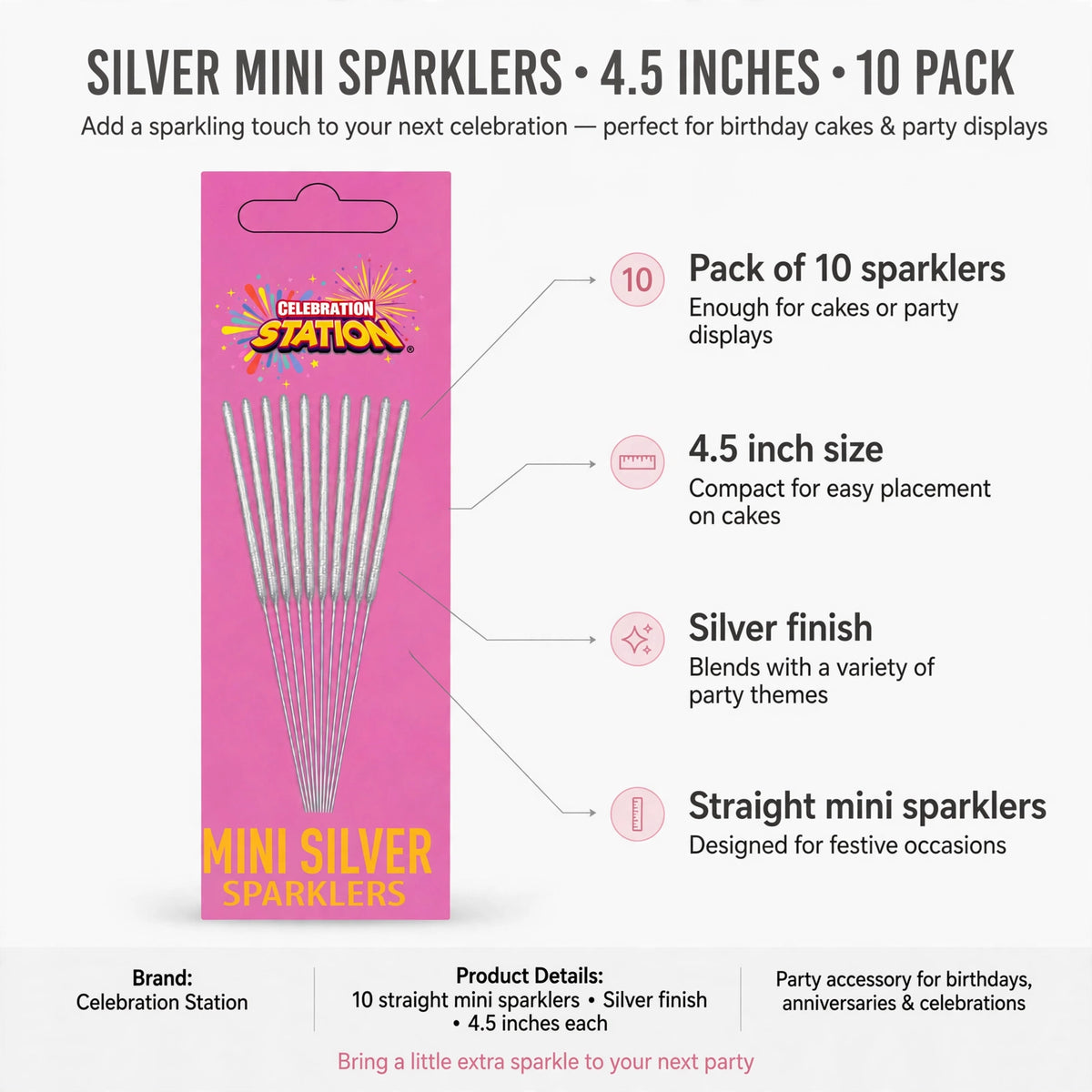 Infographic showing pack of 10 straight silver mini sparklers with 4.5 inch size