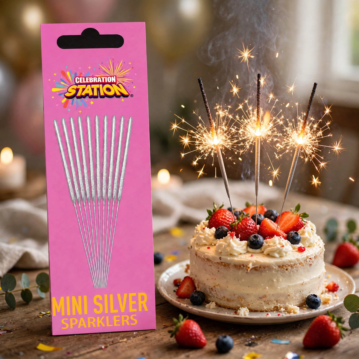 Silver mini sparklers placed on birthday cake for party display