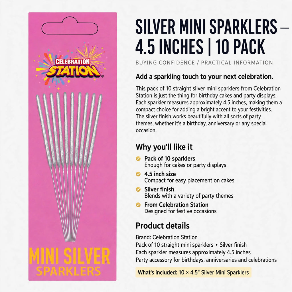 Pack of 10 silver mini sparklers suitable for birthdays and celebrations