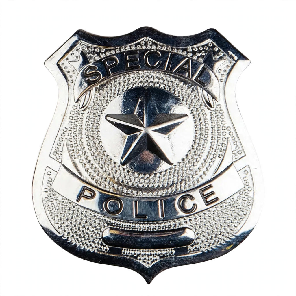 Close-up view of silver star-shaped police badge