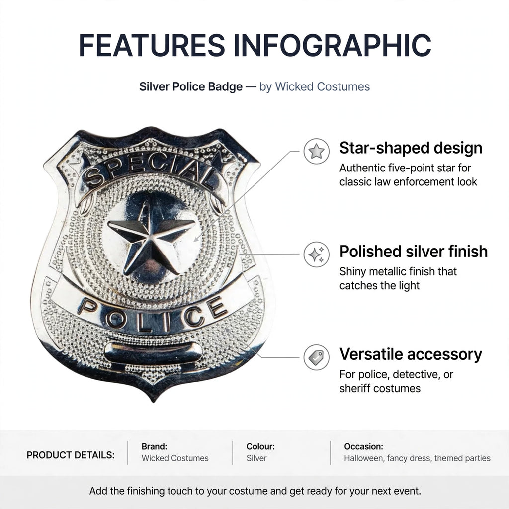 Infographic showing star-shaped design and polished silver finish features