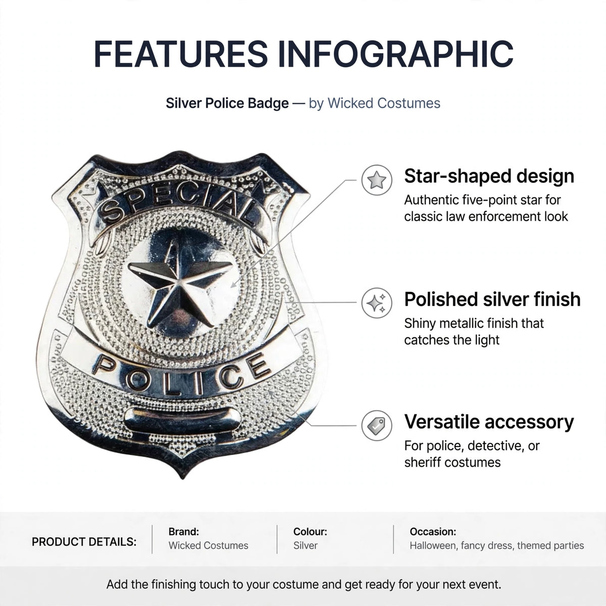 Infographic showing star-shaped design and polished silver finish features