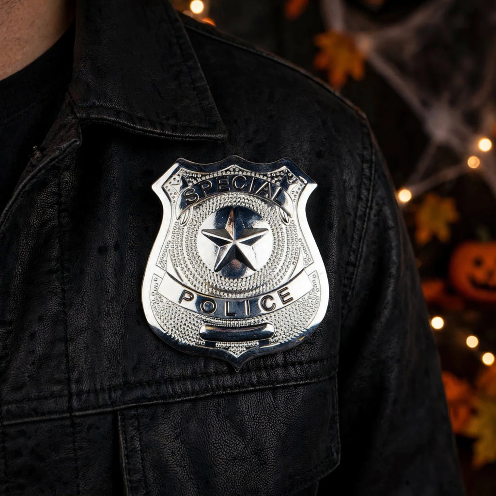 Silver Police Badge worn as part of a police or sheriff costume