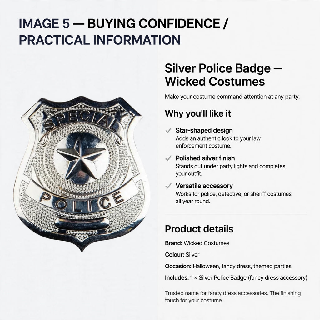 Silver Police Badge suitable for police, detective, or sheriff costumes