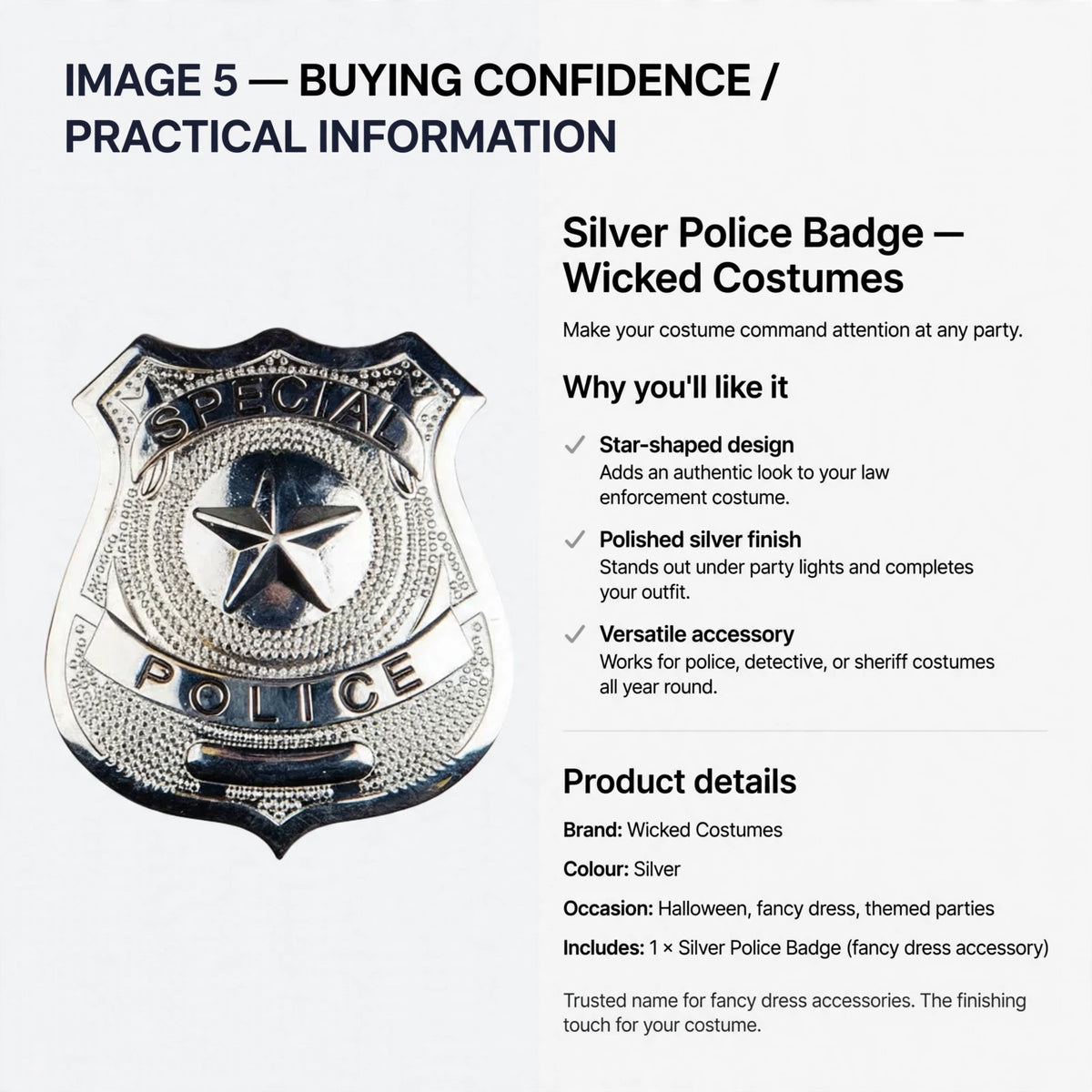 Silver Police Badge suitable for police, detective, or sheriff costumes