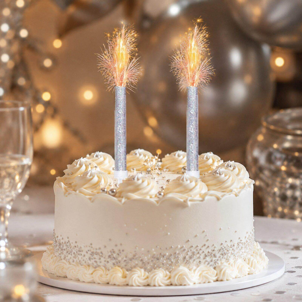 Two silver prismatic ice fountain decorations sparkling on a celebration cake
