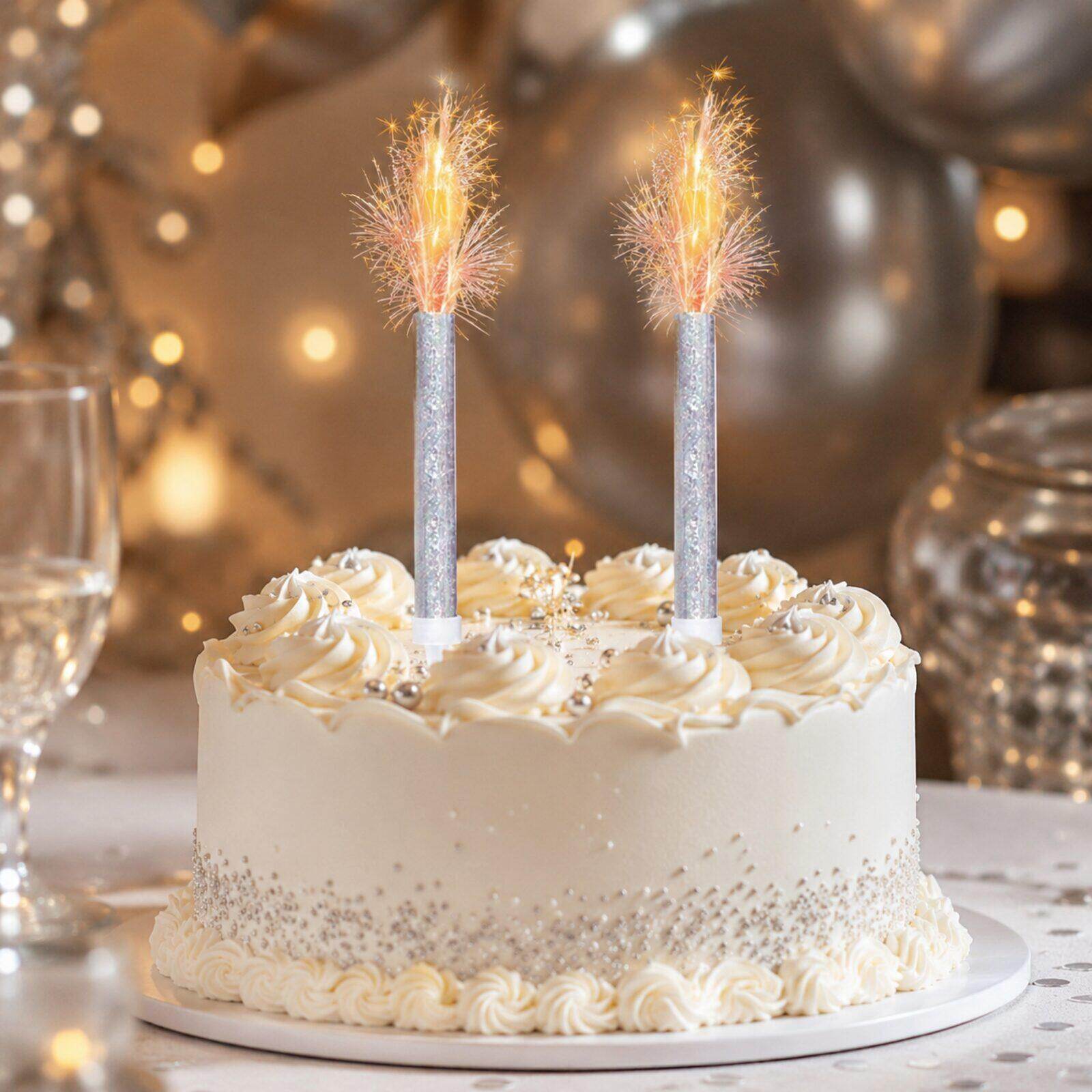 Two silver prismatic ice fountain decorations sparkling on a celebration cake