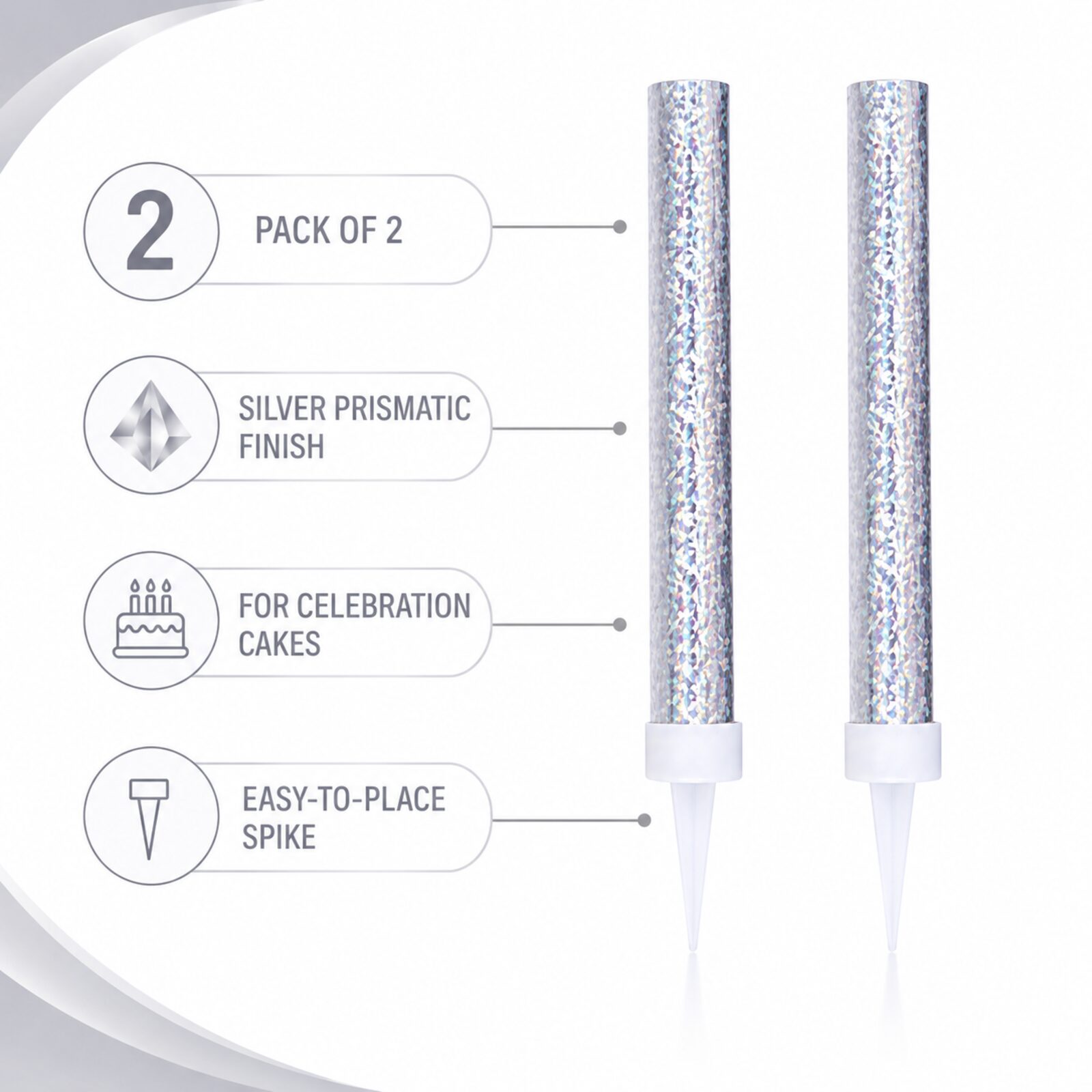 Silver prismatic ice cake decorations pack of two with key product features