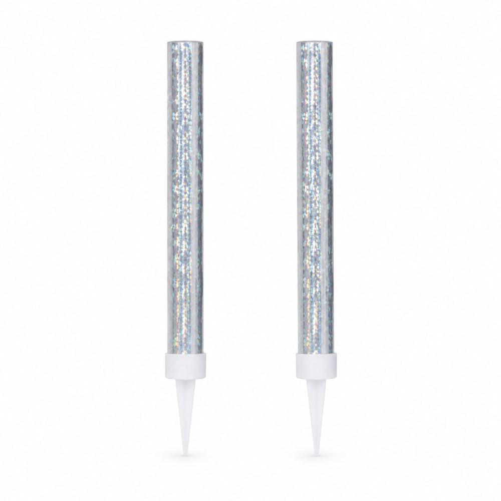 Pack of two silver prismatic ice fountain cake decorations on a white background