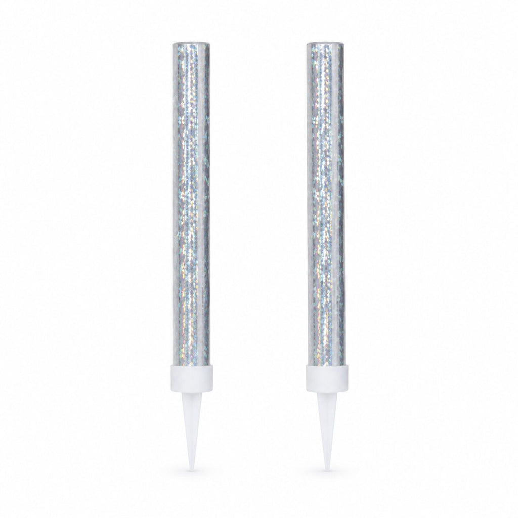Pack of two silver prismatic ice fountain cake decorations on a white background