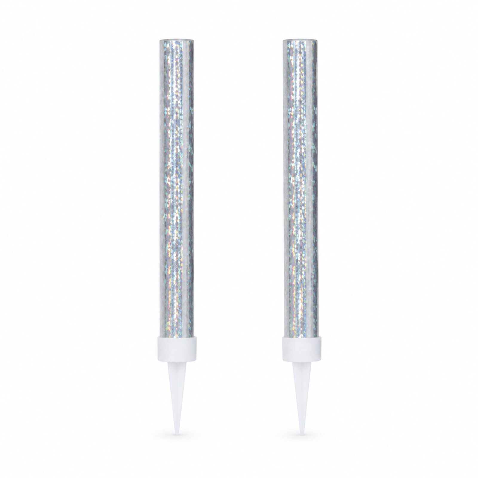 Pack of two silver prismatic ice fountain cake decorations on a white background