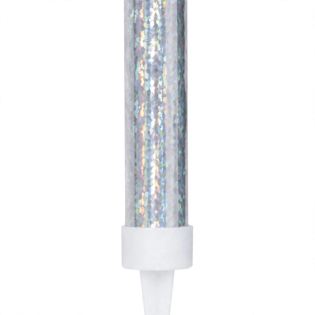 Close-up of silver prismatic ice fountain cake decoration with slim foil wrapping and pointed spike