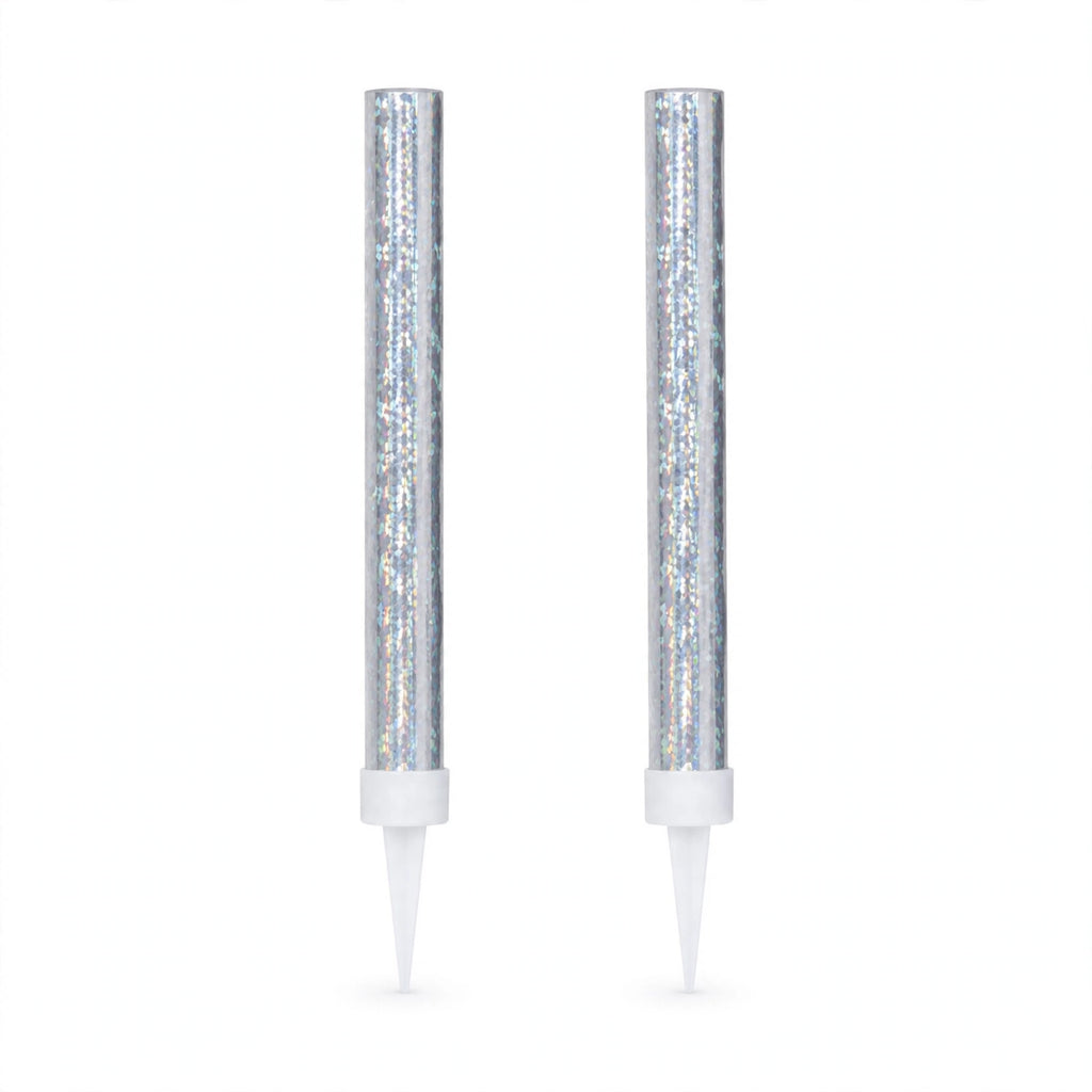 Silver prismatic ice fountain cake decorations pack of 2 with slim foil wrapping and pointed spikes