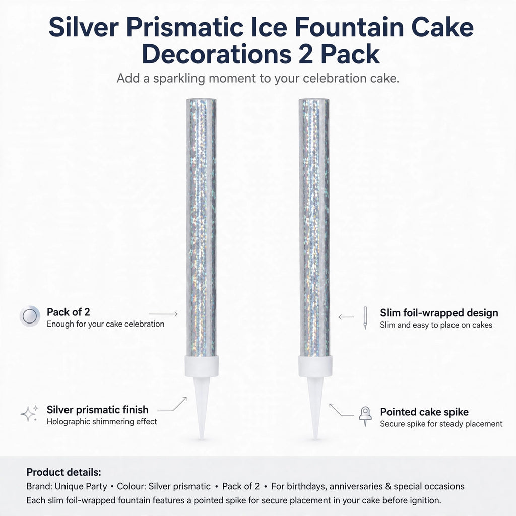 Infographic showing pack of 2 silver prismatic ice fountain cake decorations with slim foil wrapping and pointed spikes