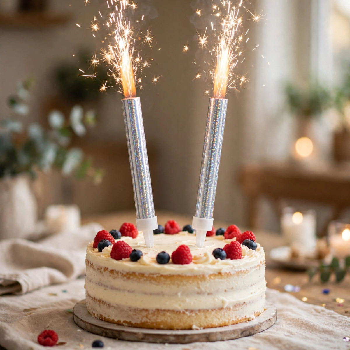 Silver prismatic ice fountain cake decorations placed on a celebration cake for birthdays and anniversaries