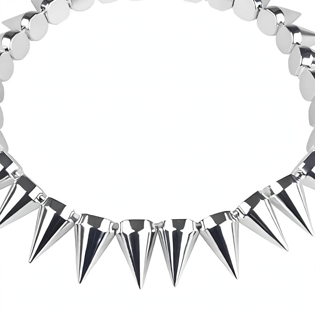 Close-up view of the Silver Spike Punk Rocker Necklace highlighting metal spikes