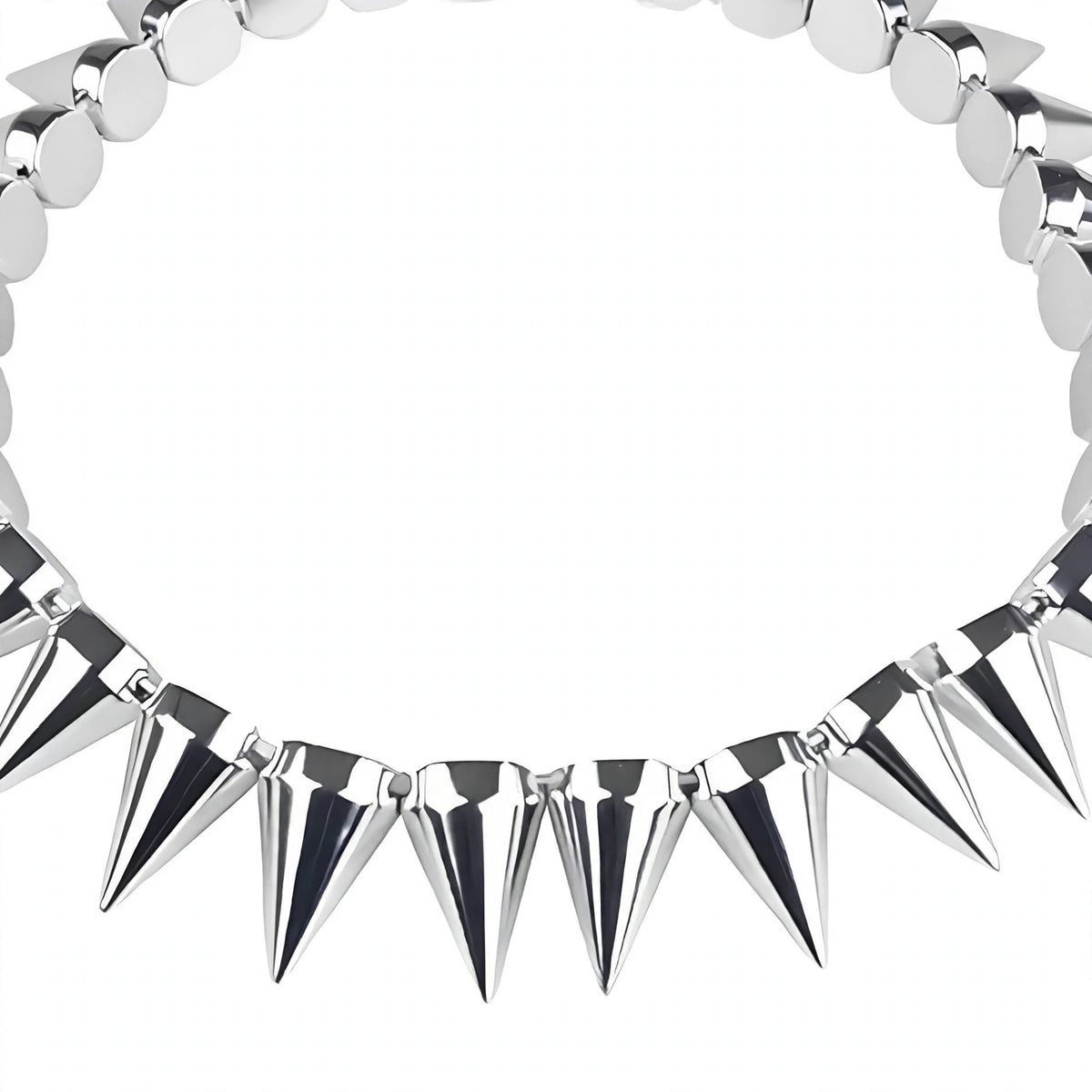 Close-up view of the Silver Spike Punk Rocker Necklace highlighting metal spikes