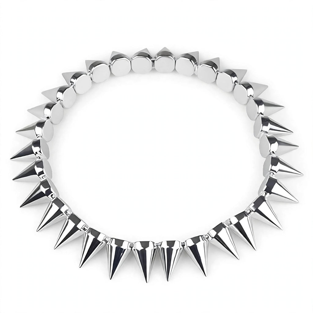 Silver Spike Punk Rocker Necklace with metal spike design and silver colour