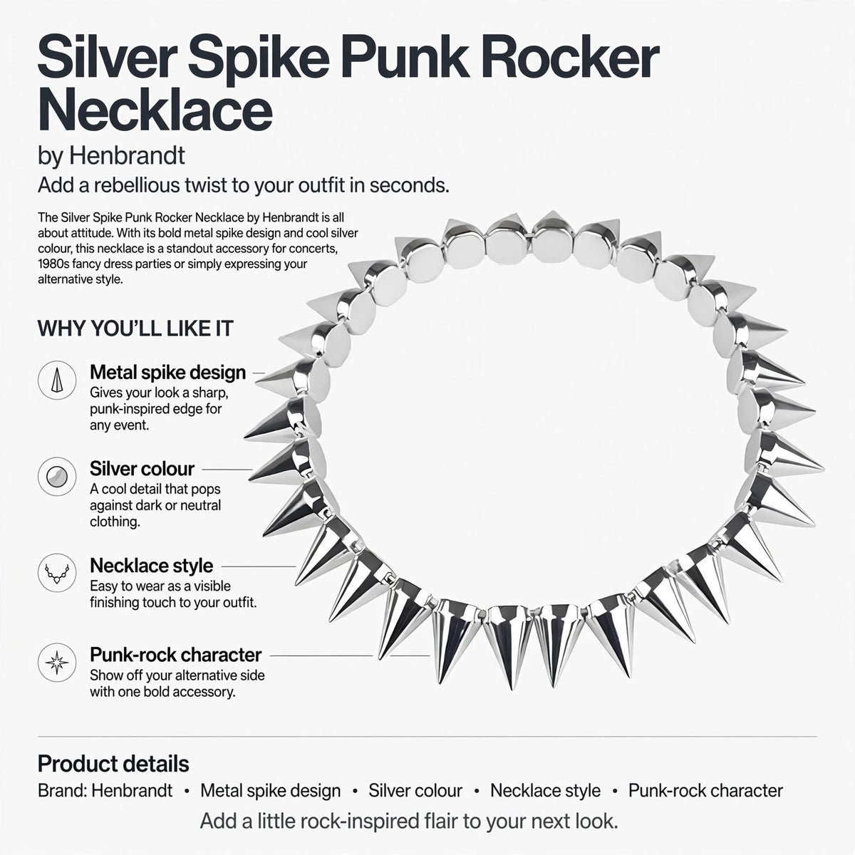 Infographic showing metal spike design and silver colour features of the necklace