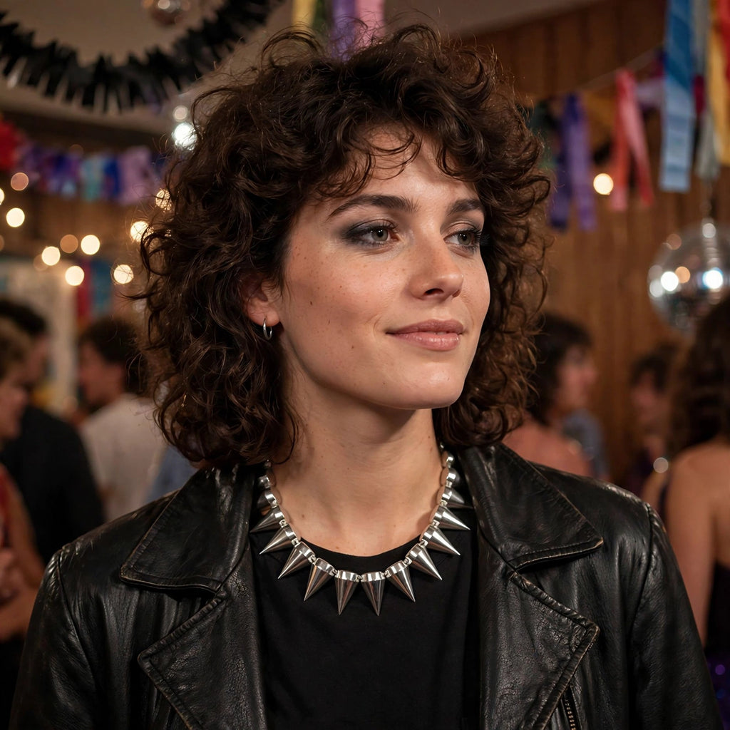 Silver Spike Punk Rocker Necklace worn as a bold accessory for alternative style