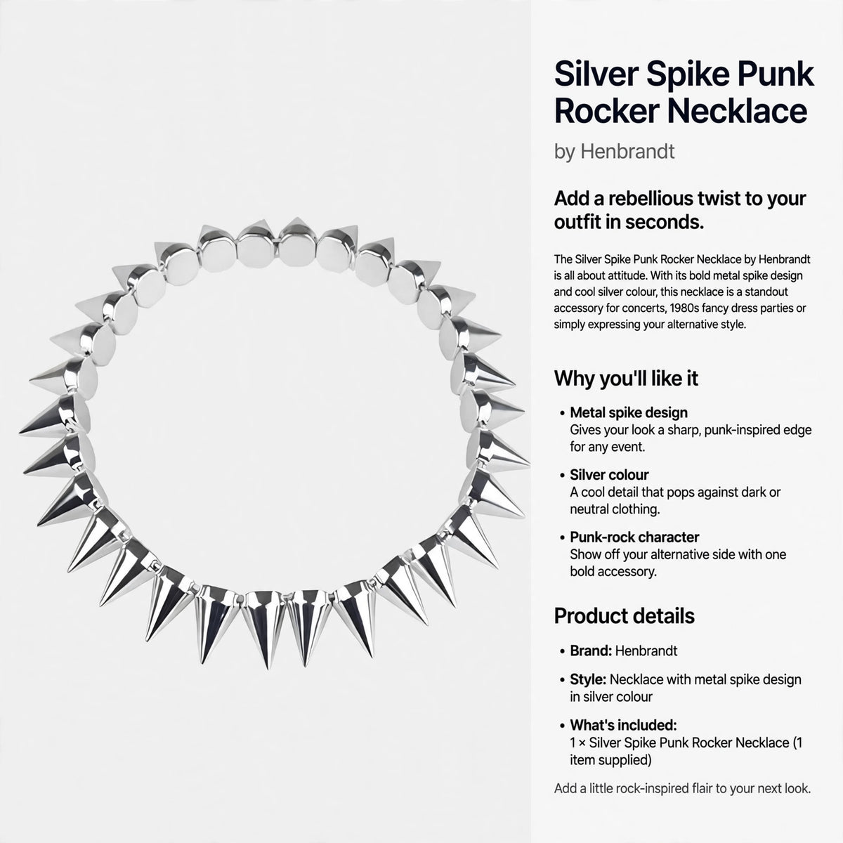 Silver Spike Punk Rocker Necklace by Henbrandt with punk-rock character and necklace style