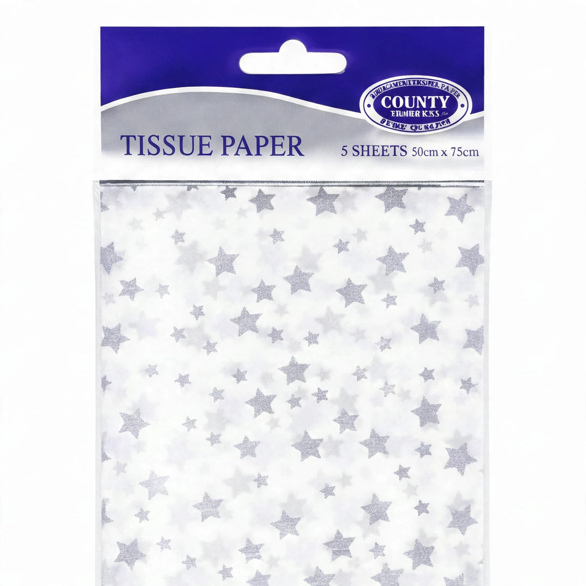 Close-up view of silver star print on soft flexible tissue paper sheet