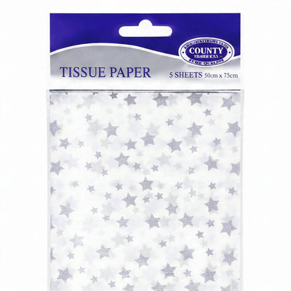 Close-up view of silver star print on soft flexible tissue paper sheet