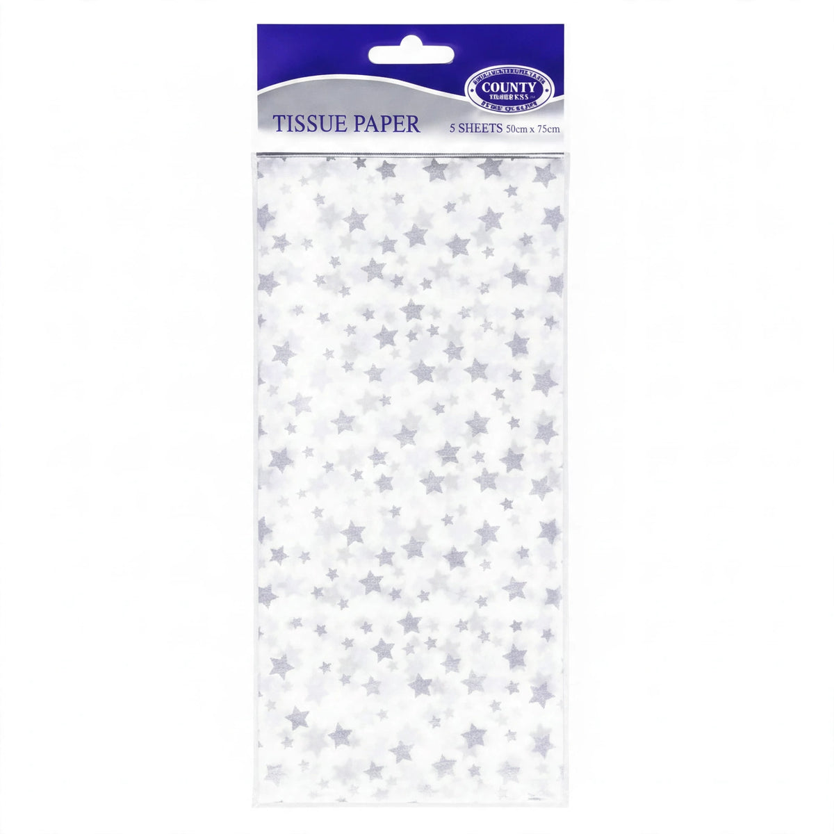 Silver Star Printed Tissue Paper pack showing five sheets with silver star print