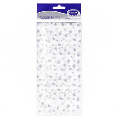 Silver Star Printed Tissue Paper pack showing five sheets with silver star print