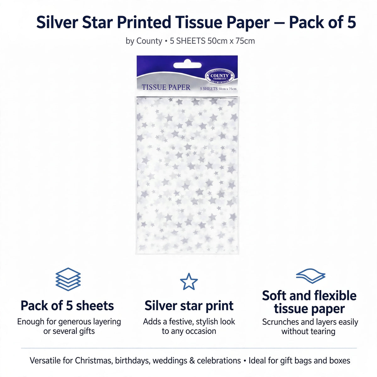Infographic showing pack of 5 soft and flexible tissue paper sheets with silver star print
