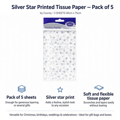 Infographic showing pack of 5 soft and flexible tissue paper sheets with silver star print