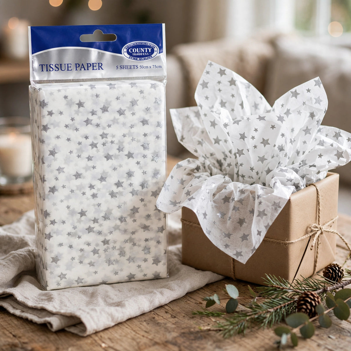 Silver Star Printed Tissue Paper used for gift wrapping at celebrations