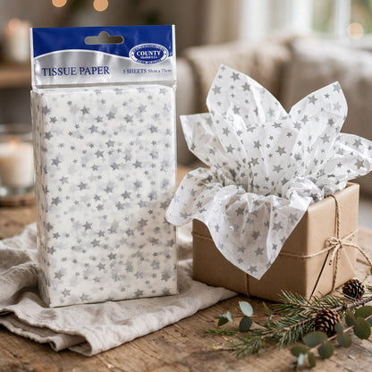Silver Star Printed Tissue Paper used for gift wrapping at celebrations
