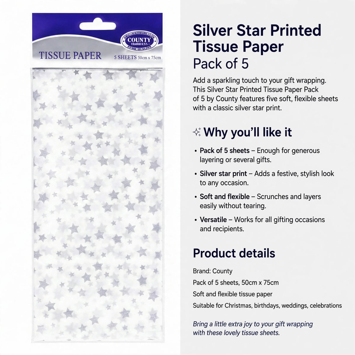 Information about pack of 5 sheets suitable for layering and various gifting occasions