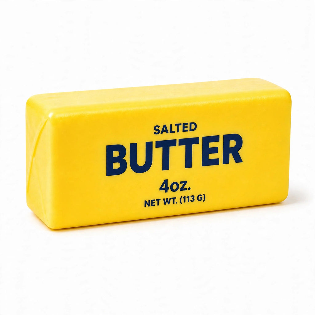 Slow Rising Salted Butter Squishy Toy with bright yellow wrapper and navy lettering