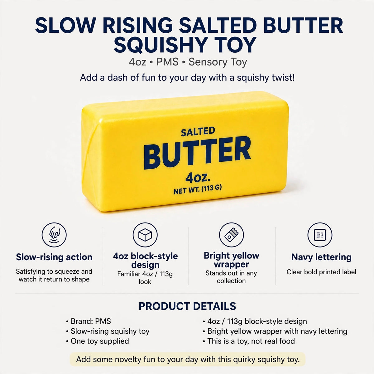 Infographic showing slow-rising action and 4oz block-style design of the salted butter squishy toy