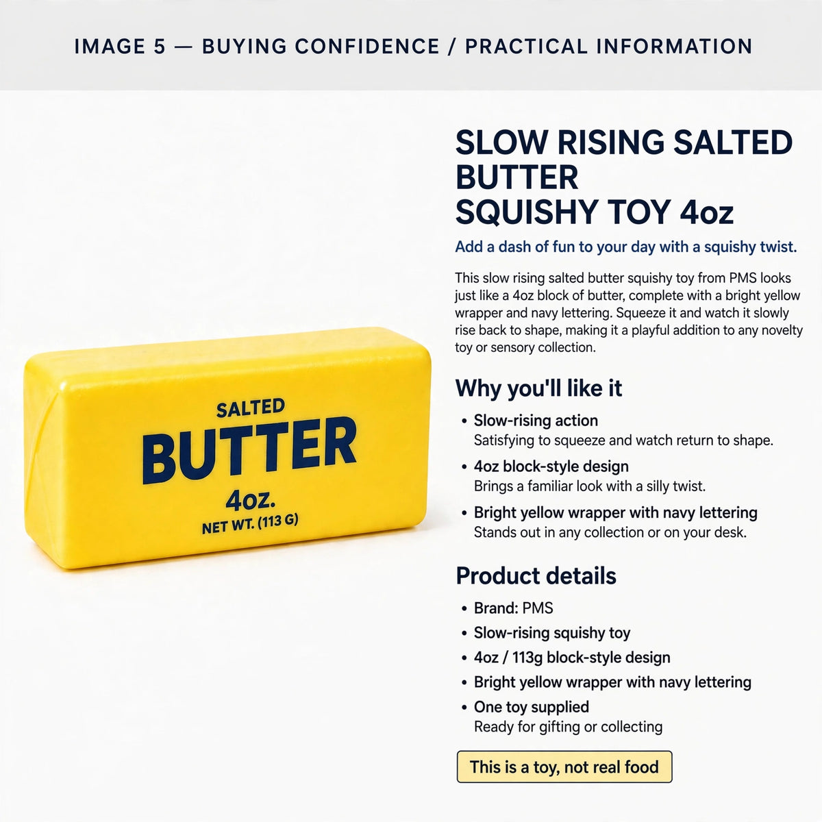 Information about the toy being slow-rising, 4oz block-style, and supplied as one toy