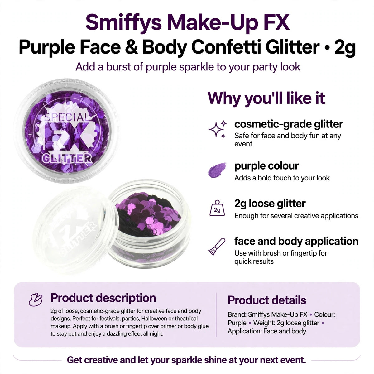 Infographic showing cosmetic-grade glitter, purple colour, 2g loose glitter, face and body use