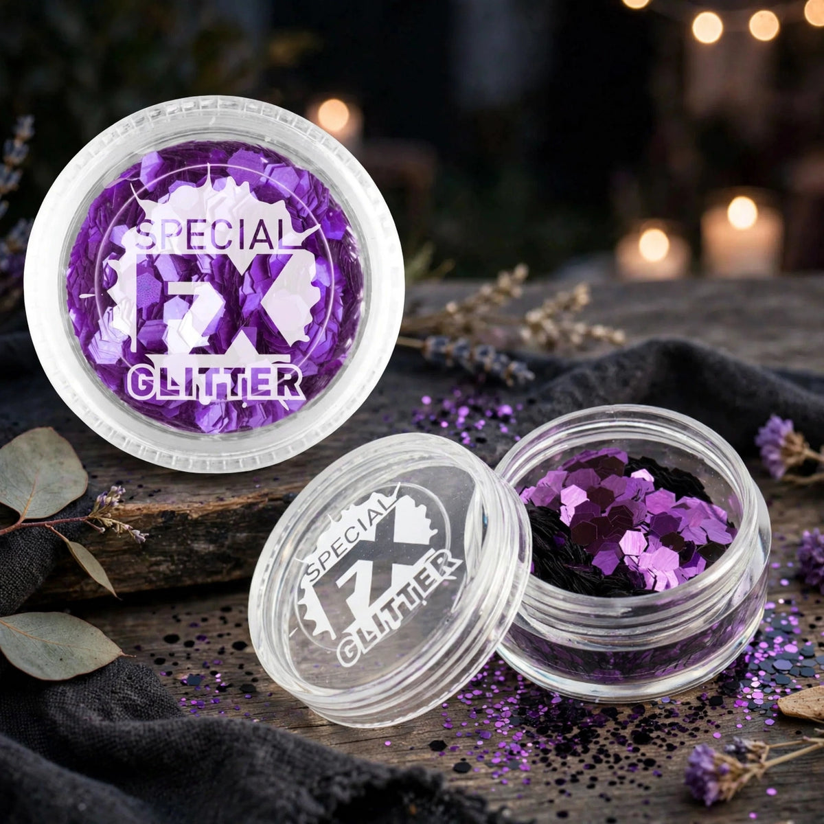Purple glitter applied on face and body for festivals, parties, Halloween, or theatrical makeup