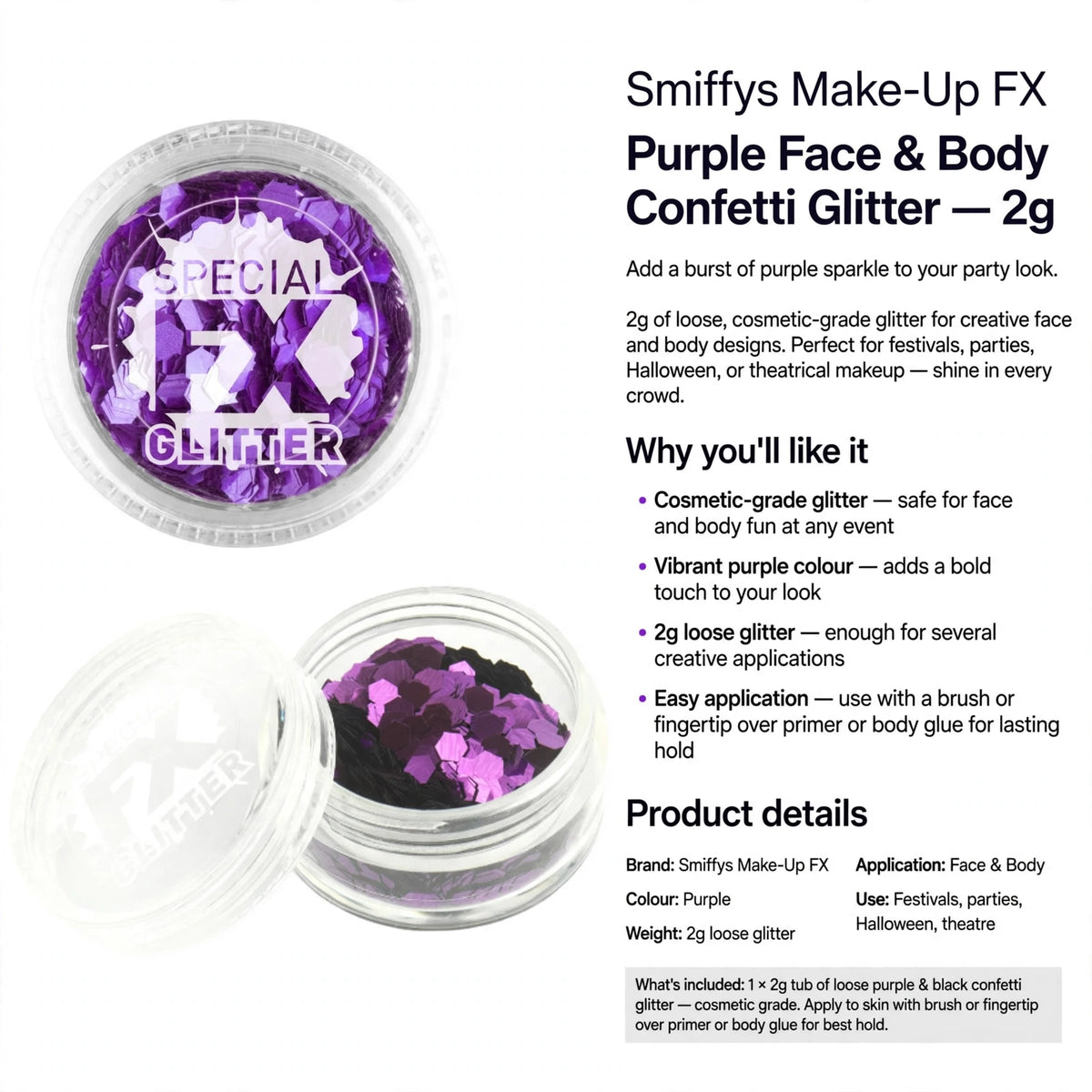 Purple cosmetic-grade glitter safe for face and body with 2g loose glitter quantity