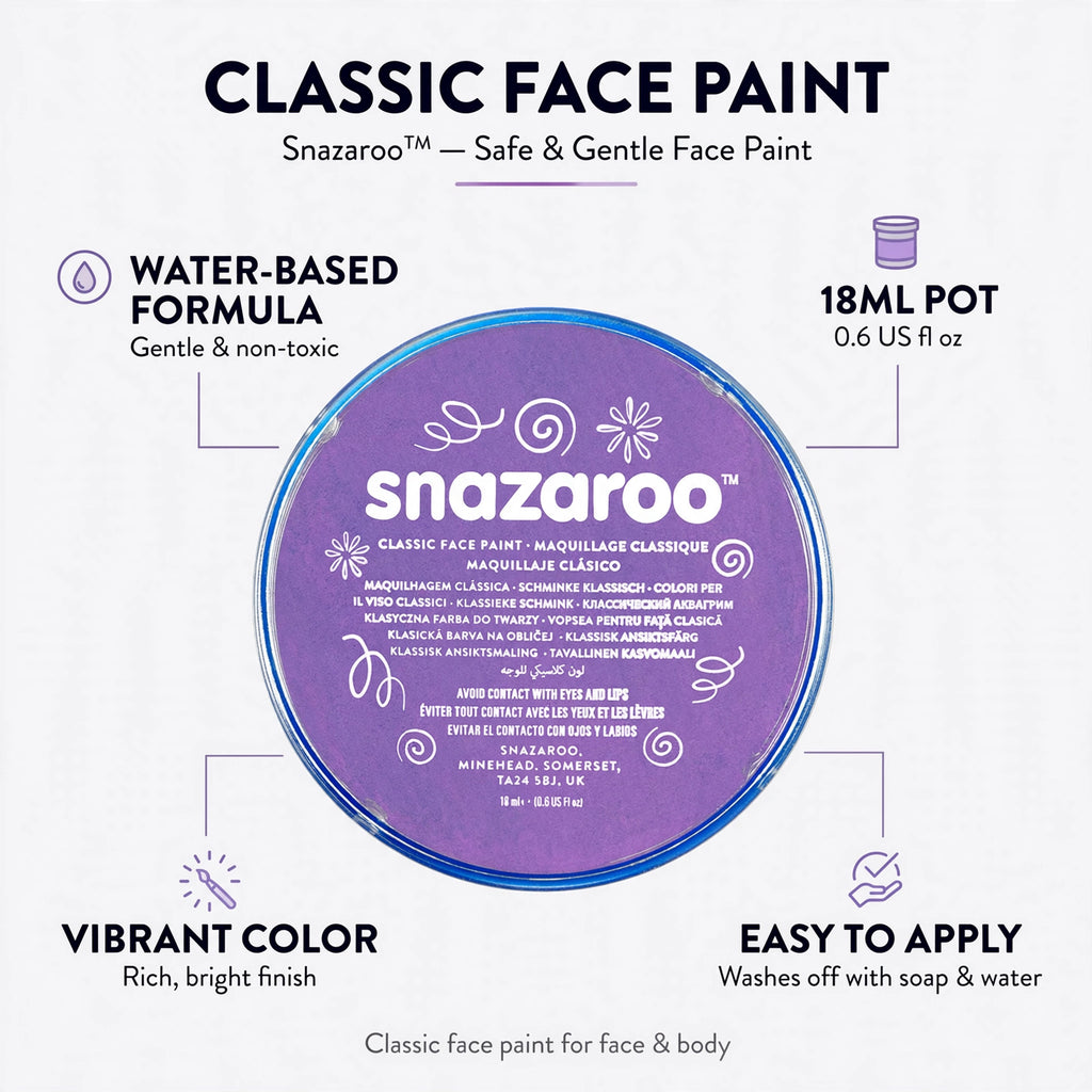 Features of Snazaroo Classic Lilac Face Paint including water-based formula and vibrant color