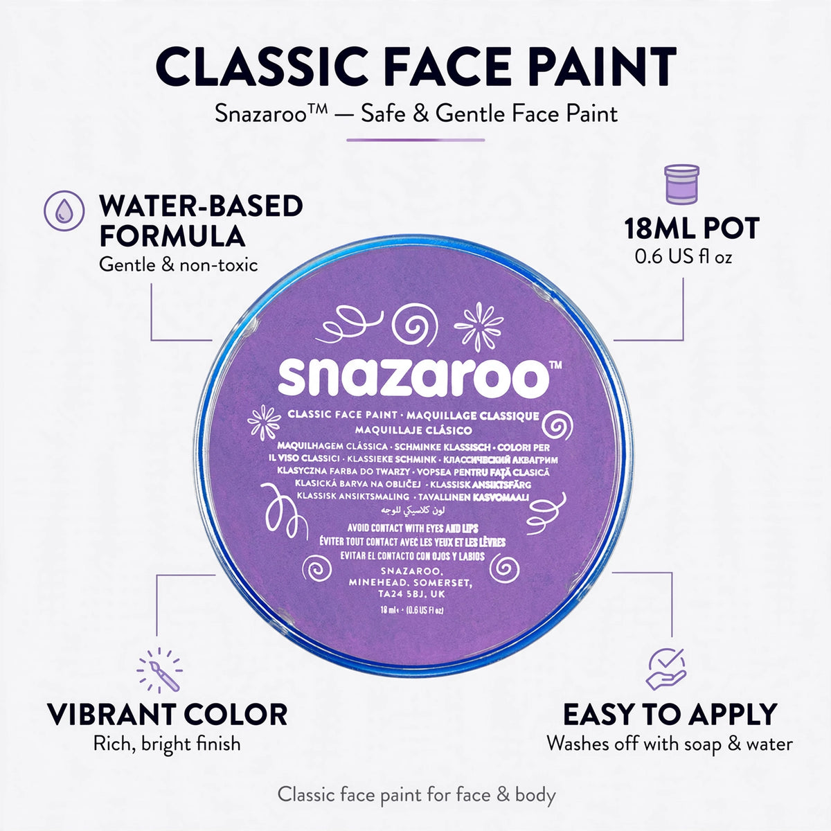 Features of Snazaroo Classic Lilac Face Paint including water-based formula and vibrant color
