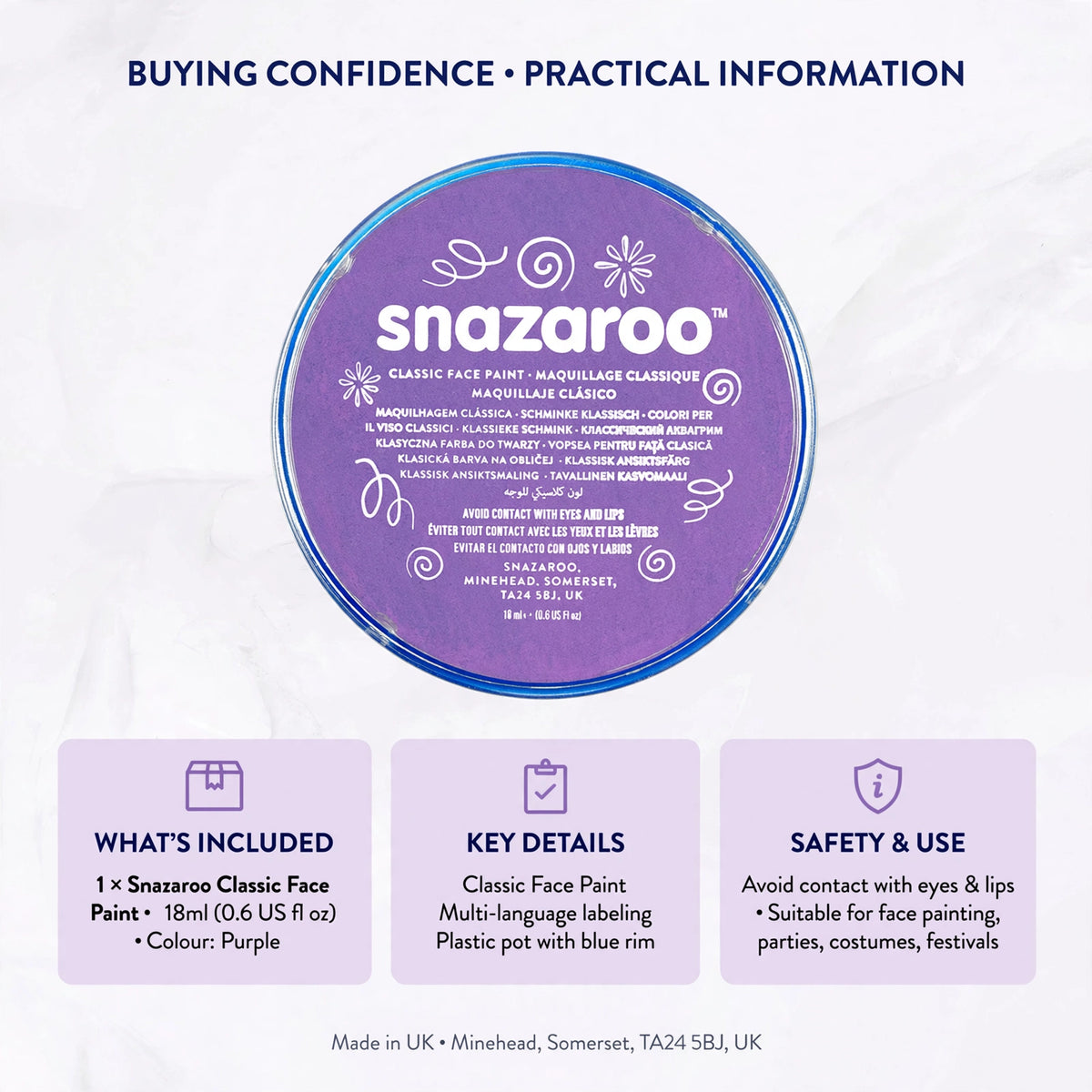 Snazaroo Classic Lilac Face Paint, a water-based formula that is kind to skin and removes easily with soap and water