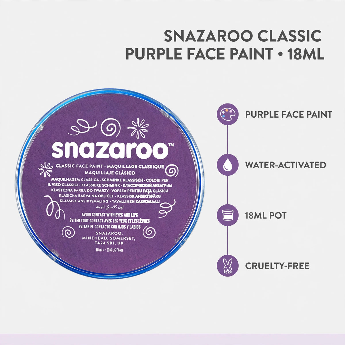 Infographic showing features of Snazaroo Classic Purple Face Paint