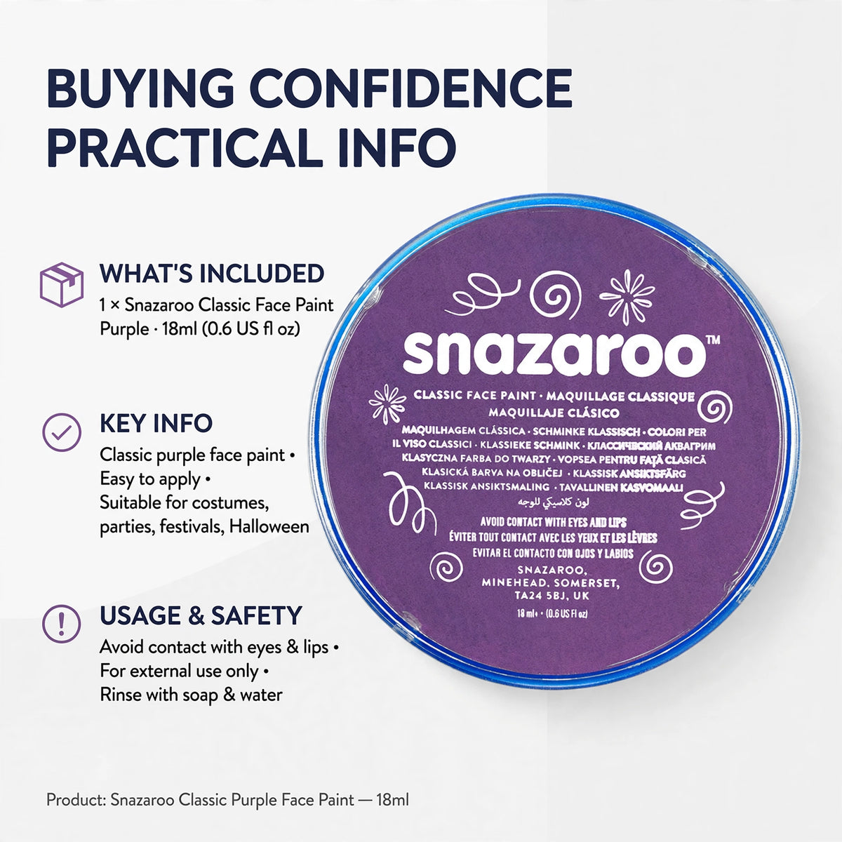Snazaroo Classic Purple Face Paint is water-activated and washes off with soap and water
